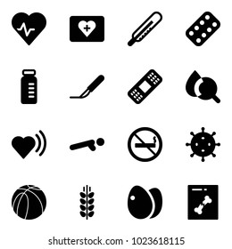Solid vector icon set - heart pulse vector, first aid kit, thermometer, pills blister, vial, scalpel, medical patch, blood test, beat, push ups, no smoking sign, virus, basketball ball, spica, eggs
