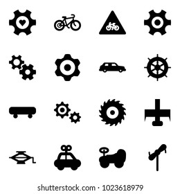 Solid vector icon set - heart gear vector, bike, road for moto sign, limousine, hand wheel, skateboard, saw disk, milling cutter, jack, car toy, baby, windmill