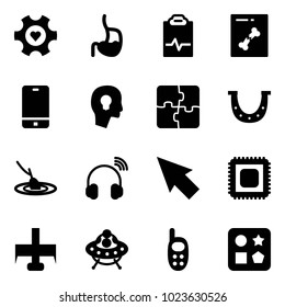 Solid vector icon set - heart gear vector, stomach, pulse clipboard, x ray, phone, head bulb, puzzle, luck, fishing, wireless headphones, cursor, cpu, milling cutter, ufo toy, cube hole