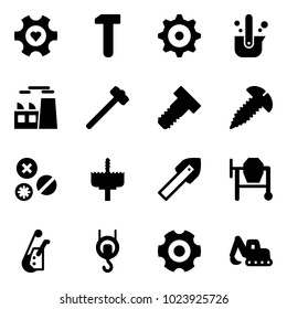 Solid vector icon set - heart gear vector, work, casting of steel, plant, sledgehammer, bolt, screw, rivet, crown drill, tile, cocncrete mixer, winch, excavator toy