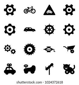 Solid vector icon set - heart gear vector, bike, road for moto sign, limousine, hand wheel, saw disk, jack, wheelbarrow, car toy, baby, windmill, cat