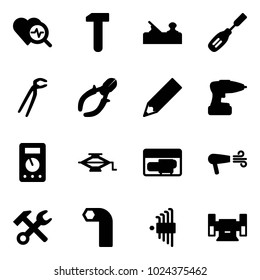 Solid vector icon set - heart diagnosis vector, work, jointer, chisel, plumber, side cutters, pencil, drill, multimeter, jack, generator, dryer, wrench hammer, allen key, set, sharpening