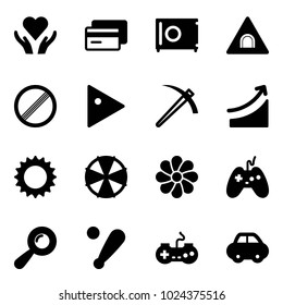 Solid vector icon set - heart care vector, credit card, safe, tunnel road sign, no limit, play, job, rise, sun, parasol, flower, joystick, beanbag, baseball bat, gamepad, car