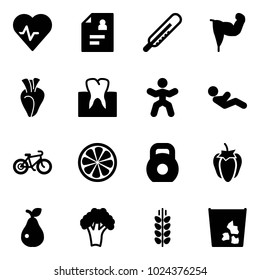 Solid vector icon set - heart pulse vector, patient card, thermometer, power hand, tooth, gymnastics, abdominal muscles, bike, lemon slice, weight, sweet pepper, pear, broccoli, spica, garbage