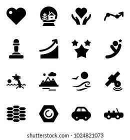 Solid vector icon set - heart vector, snowball house, care, chart point arrow, pawn, rise, stars, flying man, palm, mountains, waves, satellite, carbon, nut, car, toy