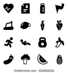Solid vector icon set - heart pulse vector, patient card, vial, power hand, treadmill, lemon, carrot, run, abdominal muscles, weight, banana, eggplant, broccoli, watermelone, pineapple