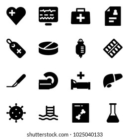 Solid vector icon set - heart vector, diagnostic monitor, doctor bag, patient card, medical label, pill, drop counter, pills blister, scalpel, mri, hospital bed, liver, virus, pool, x ray, flask