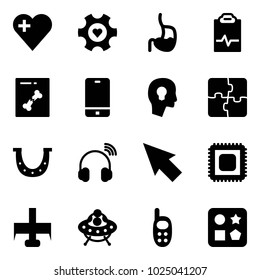 Solid vector icon set - heart vector, gear, stomach, pulse clipboard, x ray, phone, head bulb, puzzle, luck, wireless headphones, cursor, cpu, milling cutter, ufo toy, cube hole