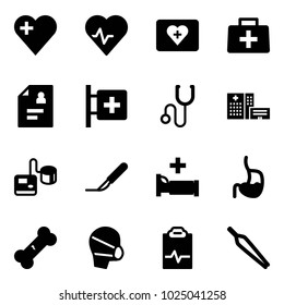 Solid vector icon set - heart vector, pulse, first aid kit, doctor bag, patient card, room, stethoscope, hospital building, tonometer, scalpel, bed, stomach, broken bone, medical mask, clipboard