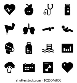 Solid vector icon set - heart pulse vector, apple, stethoscope, vial, power hand, lungs, push ups, abdominal muscles, medical mask, pills bottle, pool, statistics, broccoli, schedule, x ray