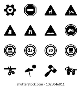 Solid vector icon set - heart gear vector, no way road sign, wild animals, side wind, narrows, rough, moto, dangerous cargo, limited width, speed limit 80, opening, beach, toy hammer, horse