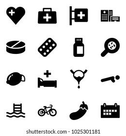 Solid vector icon set - heart vector, doctor bag, first aid room, hospital building, pill, pills blister, bottle, bacteria, lemon, bed, bladder, push ups, pool, bike, eggplant, schedule