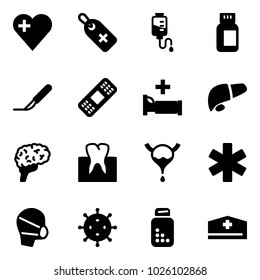 Solid vector icon set - heart vector, medical label, drop counter, pills bottle, scalpel, patch, hospital bed, liver, brain, tooth, bladder, ambulance star, mask, virus, doctor hat