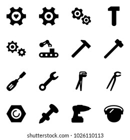 Solid vector icon set - heart gear vector, gears, work, conveyor, hammer, sledgehammer, chisel, wrench, plumber, nut, nail dowel, drill, protect glass