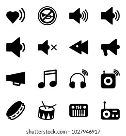 Solid vector icon set - heart beat vector, no horn road sign, volume max, medium, low, off, fast backward, loudspeaker, music, wireless headphones, speaker, tambourine, drum, toy piano, radio