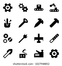 Solid vector icon set - heart gear vector, conveyor, casting of steel, screw, rivet, wood drill, milling cutter, tile, welding, stapler