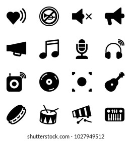Solid vector icon set - heart beat vector, no horn road sign, volume off, loudspeaker, music, microphone, wireless headphones, speaker, cd, record button, guitar, tambourine, drum, xylophone