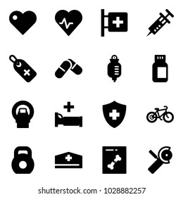 Solid vector icon set - heart vector, pulse, first aid room, syringe, medical label, pills, drop counter, bottle, mri, hospital bed, bike, weight, doctor hat, x ray, Angular grinder