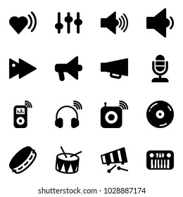 Solid vector icon set - heart beat vector, settings, volume max, low, fast forward, loudspeaker, microphone, music player, wireless headphones, speaker, cd, tambourine, drum, xylophone, toy piano