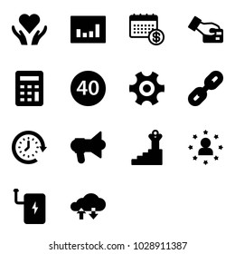 Solid vector icon set - heart care vector, statistics, calendar, card pay, calculator, minimal speed limit road sign, gear, link, clock around, megaphone, success, star man, power bank