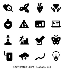 Solid vector icon set - heart diagnosis vector, three leafs, care, stopwatch, round motion road sign, statistics, monitor, pawn, career, check, butterfly, power bank, cloud exchange data, sickle