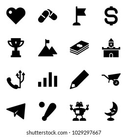 Solid vector icon set - heart vector, pills, flag, dollar sign, win cup, mountain, sand fort, phone, chart, pencil, wheelbarrow, paper plane, baseball bat, robot, moon lamp