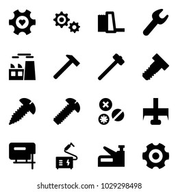 Solid vector icon set - heart gear vector, water power plant, wrench, hammer, sledgehammer, bolt, screw, rivet, milling cutter, jig saw, welding, stapler