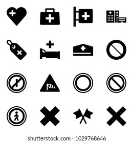 Solid vector icon set - heart vector, doctor bag, first aid room, hospital building, medical label, bed, hat, prohibition road sign, no parkin odd, side wind, pedestrian, delete cross, flags