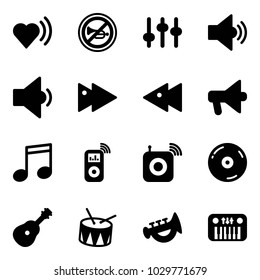 Solid vector icon set - heart beat vector, no horn road sign, settings, volume medium, low, fast forward, backward, loudspeaker, music, player, wireless speaker, cd, guitar, drum, toy, piano