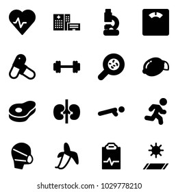 Solid vector icon set - heart pulse vector, hospital building, lab, floor scales, pills, barbell, bacteria, lemon, meat, kidneys, push ups, run, medical mask, banana, clipboard, mat