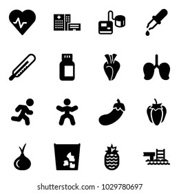 Solid vector icon set - heart pulse vector, hospital building, tonometer, pipette, thermometer, pills bottle, lungs, run, gymnastics, eggplant, sweet pepper, onion, garbage, pineapple, pool