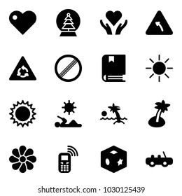 Solid vector icon set - heart vector, snowball tree, care, turn left road sign, round motion, no limit, book, sun, reading, palm, flower, mobile phone, cube toy, car