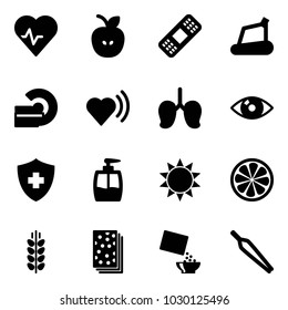 Solid vector icon set - heart pulse vector, apple, medical patch, treadmill, mri, beat, lungs, eye, liquid soap, sun, lemon slice, spica, breads, cereal, forceps