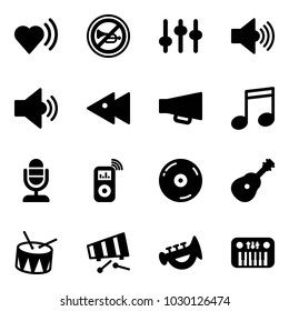 Solid vector icon set - heart beat vector, no horn road sign, settings, volume max, medium, fast backward, loudspeaker, music, microphone, player, cd, guitar, drum, xylophone, toy, piano