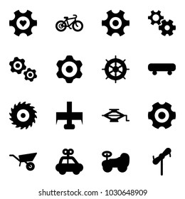Solid vector icon set - heart gear vector, bike, gears, hand wheel, skateboard, saw disk, milling cutter, jack, wheelbarrow, car toy, baby, windmill