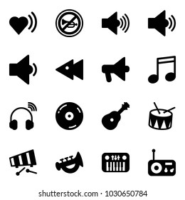 Solid vector icon set - heart beat vector, no horn road sign, volume max, medium, low, fast backward, loudspeaker, music, wireless headphones, cd, guitar, drum, xylophone, toy, piano, radio