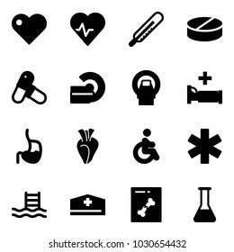 Solid vector icon set - heart vector, pulse, thermometer, pill, pills, mri, hospital bed, stomach, disabled, ambulance star, pool, doctor hat, x ray, flask