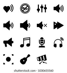 Solid vector icon set - heart beat vector, no horn road sign, settings, volume max, medium, low, off, fast forward, loudspeaker, music, microphone, wireless headphones, record button, guitar