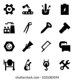 Solid vector icon set - heart gear vector, conveyor, casting of steel, battery, plant, plumber, screw, bolt, nut, dowel, metal hacksaw, machine tool, cocncrete mixer, winch, wrench hammer