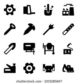 Solid vector icon set - heart gear vector, water power plant, casting of steel, screw, wood drill, tile, jig saw, cocncrete mixer, welding, stapler, sharpening, excavator toy