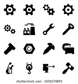 Solid vector icon set - heart gear vector, plant, wrench, screw, bolt, nut, machine tool, winch, laser lever, toy hammer