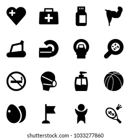 Solid vector icon set - heart vector, doctor bag, pills bottle, power hand, treadmill, mri, bacteria, no smoking sign, medical mask, liquid soap, basketball ball, eggs, flag, success, badminton