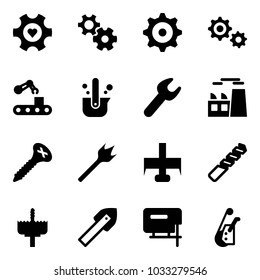 Solid vector icon set - heart gear vector, conveyor, casting of steel, wrench, plant, screw, wood drill, milling cutter, crown, tile, jig saw, winch