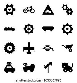 Solid vector icon set - heart gear vector, bike, road for moto sign, limousine, hand wheel, skateboard, saw disk, milling cutter, jack, wheelbarrow, car toy, baby, windmill, cat