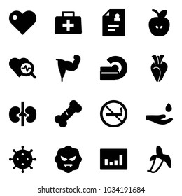 Solid vector icon set - heart vector, doctor bag, patient card, apple, diagnosis, power hand, mri, kidneys, broken bone, no smoking sign, drop, virus, statistics, banana