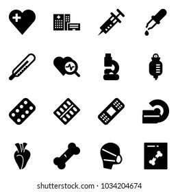 Solid vector icon set - heart vector, hospital building, syringe, pipette, thermometer, diagnosis, lab, drop counter, pills blister, medical patch, mri, broken bone, mask, x ray