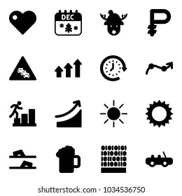 Solid vector icon set - heart vector, christmas calendar, deer hat, ruble, multi lane traffic road sign, arrows up, clock around, chart point arrow, career, rise, sun, flip flops, beer, binary code