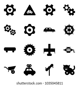 Solid vector icon set - heart gear vector, road for moto sign, gears, limousine, hand wheel, skateboard, saw disk, milling cutter, jack, wheelbarrow, car toy, windmill, cat