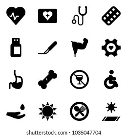 Solid vector icon set - heart pulse vector, first aid kit, stethoscope, pills blister, bottle, scalpel, power hand, gear, stomach, broken bone, no alcohol sign, disabled, drop, sun, fork spoon plate