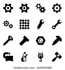 Solid vector icon set - heart gear vector, circuit, wrench, screw, bolt, nut, machine tool, winch, toy hammer